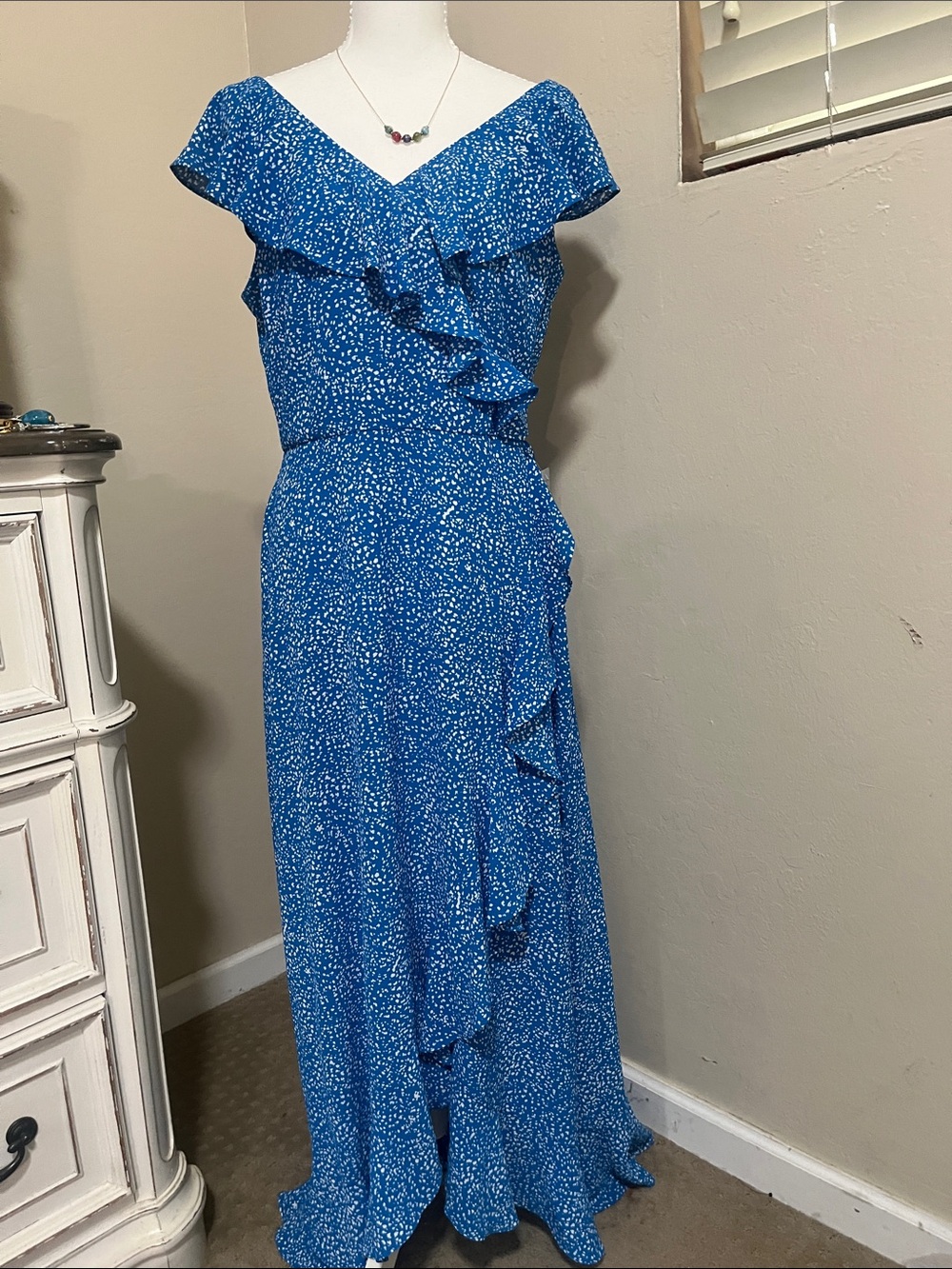 London Times Royal Blue Ruffle V‑Neck Maxi Dress